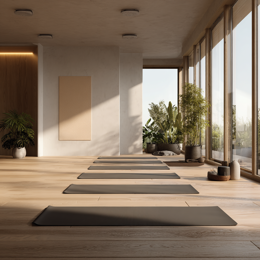 Спокійна атмосфера йога-простору з м'яким світлом та рослинами